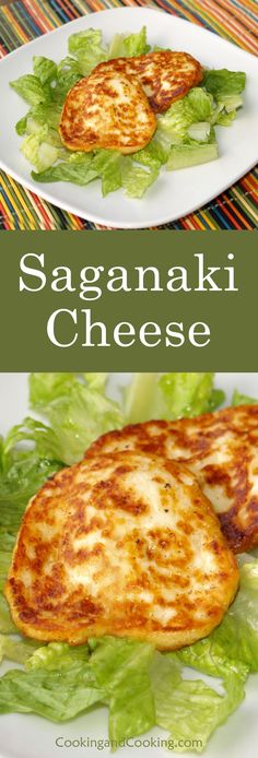 two white plates with food on them and the words saganaki cheese above it