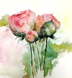 watercolor painting of three pink roses with green leaves