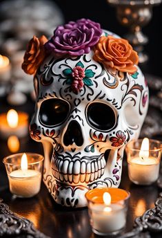 a skull with flowers on it sitting next to candles