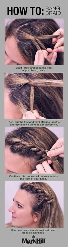 The bang braid is your solution to keeping annoying mid-level bangs off your face. | 18 Ingenious Hair Hacks For The Gym Braid Bangs, Skirt Diy, Braided Bangs, Hairstyles Videos, Hair Stylies, Braided Hairstyles Updo, Penteado Cabelo Curto, Short Hairstyle, Dutch Braid