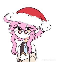 a drawing of a girl with pink hair wearing a santa hat and holding a bag