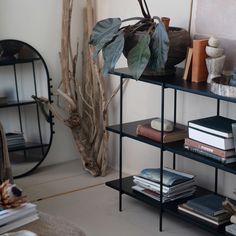 a bookshelf filled with lots of books next to a mirror and vases