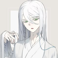 an anime character with white hair and green eyes holding a cell phone in her hand