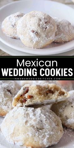 mexican wedding cookies with powdered sugar on top and in the middle, are shown