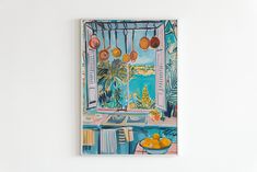 a painting on the wall of a kitchen with oranges hanging from the ceiling and an open window