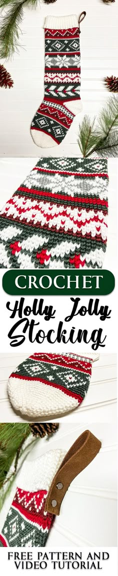 christmas stocking is hanging from a tree branch with the words crochet you're