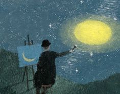 a painting being displayed on an easel in front of a night sky with stars and the moon