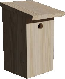 a wooden birdhouse with a hole in the roof