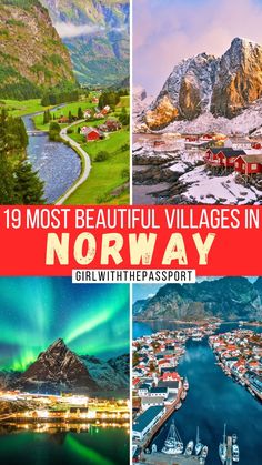 norway with the text 19 most beautiful villages in norway on it and pictures of mountains