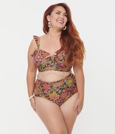 This sweet plus size swim bottom from Unique Vintage is cast in a multicolor floral print for a fabulously feminine silhouette. The lovely high waist boasts a flirtatious trim of ruffles for added retro flair while the full mesh lining keeps you flawless!This Is Not A Set. Top Sold Separately.Available in sizes XS-3X while supplies last. Best Bathing Suits For Plus Size Women, Plus Size Bathing Suits, Floral Cape, Dita Von Teese Lingerie, Plus Size Tights, Vintage Plus Size, Swimsuit Material, Plus Size Swim, Blue Socks