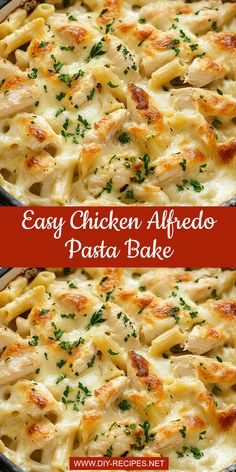 an easy chicken alfredo pasta bake in a pan