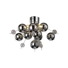 a ceiling light with chrome balls hanging from it's center point and two lights on each side