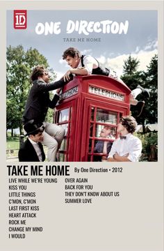 one direction take me home 2012 poster with the band on top of a red phone booth