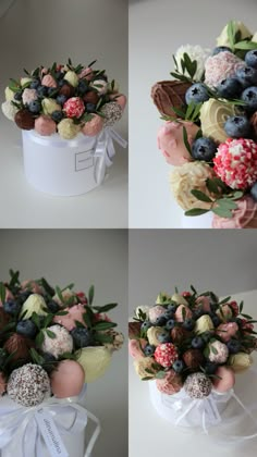 four different pictures of flowers and berries in a white box