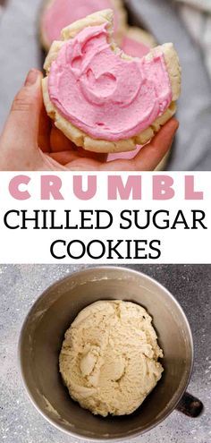 two pictures with the words crumbl, chilled sugar cookies in front of them