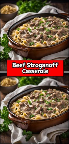 beef stroganoni casserole is shown in two different pans