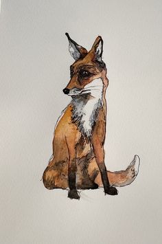 a watercolor painting of a fox sitting down