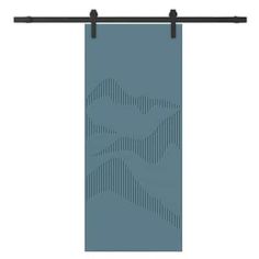 a blue towel hanging from a black metal bar with the word, x on it