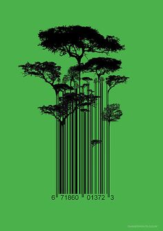 the barcode code is printed on a green background with black trees and zebras