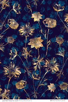 a blue and yellow flower pattern on a black background