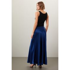 Blue satin (80% Triacetate, 20% Polyester). A-line. Side zipper closure. 36.5" from shoulder to hemline. Imported. Bias Cut Midi Skirt For Party, Satin Full Skirt For Night Out, Satin A-line Bottoms For Evening, Satin A-line Evening Bottoms, Formal A-line Satin Bottoms, Evening A-line Satin Bottoms, Chic A-line Satin Bottoms, Party Skirt With Bias Cut In Relaxed Fit, Party Skirt With Bias Cut And Relaxed Fit