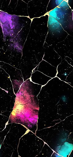 an abstract background with many different colors and shapes in the dark space, including stars