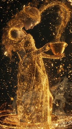 a woman is holding a bowl in her hand while standing on the water with gold flakes around her