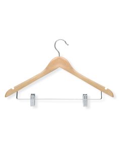 a wooden hanger with two clips on it