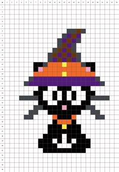 a cross stitch pattern with an image of a cat wearing a witch's hat
