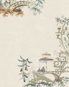 an artistic wallpaper with trees, flowers and people on a bridge in the background