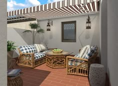 an outdoor patio with wicker furniture and potted plants