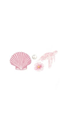 two seashells and a pearl on a white background with pink flowers in the foreground