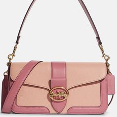 Refined Pebble Leather And Smooth Leather Inside Zip Pocket Snap Closure, Fabric Lining Detachable Handle With 9" Drop Outside Open Pocket Detachable Strap With 22" Drop For Shoulder Or Crossbody Wear 10 3/4" (L) X 5 1/2" (H) X 2 3/4" (W) Luxury Pink Flap Shoulder Bag, Coach Pink Top Handle Shoulder Bag, Pink Top Handle Coach Shoulder Bag, Pink Coach Crossbody Shoulder Bag, Designer Pink Shoulder Bag With Removable Pouch, Coach Pink Crossbody Satchel, Coach Pink Shoulder Bag With Detachable Strap, Pink Coach Shoulder Bag With Detachable Strap, Pink Shoulder Bag With Gold-tone Hardware For Daily Use