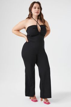 Plus Size Wide-Leg Halter Jumpsuit