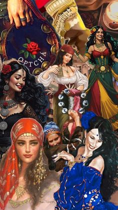 a collage of women dressed in different costumes and hair colors, including one woman holding a plate