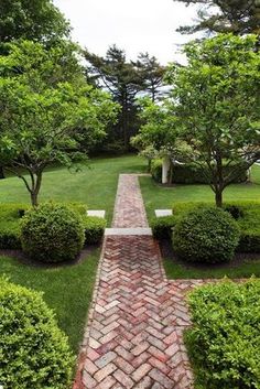 a brick path between two rows of trees and bushes in the middle of a garden