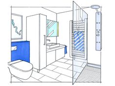 a blue and white drawing of a bathroom