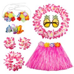 hawaiian hula skirt, sunglasses and flower leis with flowers around the waistline