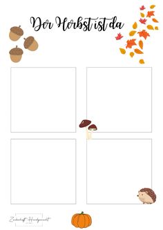 an autumn leaf and acorns storyboard with the words, der verstusta