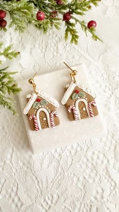 gingerbread house earrings with candy canes