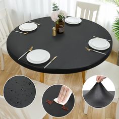 there is a black table with white plates on it