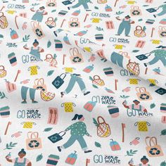 a white fabric with various images of people and objects on it, including watering equipment