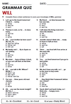 a printable exam question sheet with the words'name, grammar quiz will you be able to answer these questions?