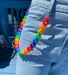 Rainbow Kandi Belt Chain! Good for aesthetics kidcore, clowncore, and some much more! Comes in two variations: - 24 flowers long  - 30 flowers long Kandi Lanyard, Kandi Belt Chain, Rainbow Clothes Aesthetic, Weirdcore Accessories, Clowncore Jewelry, Kidcore Diy, Kidcore Aesthetic Clothes, Kandi Shoes, Flower Belt Chain