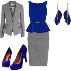 Blue Outfits, Matching Shoes, Grey Jacket, Fashion Guide, Work Suits, Tweed Skirt, Blue And Grey