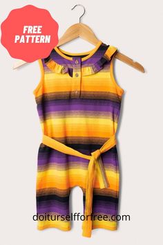 a yellow and purple striped romper is hanging on a hanger with the tag free pattern