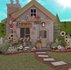 a house with lots of flowers and plants around it