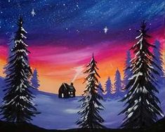 an acrylic painting of a cabin in the woods at night with stars and snow