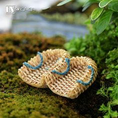 two small woven shoes sitting on top of green grass next to some bushes and plants