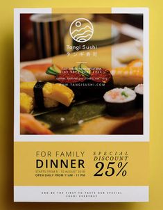 an advertisement for a sushi restaurant on a yellow background with the words dinner special